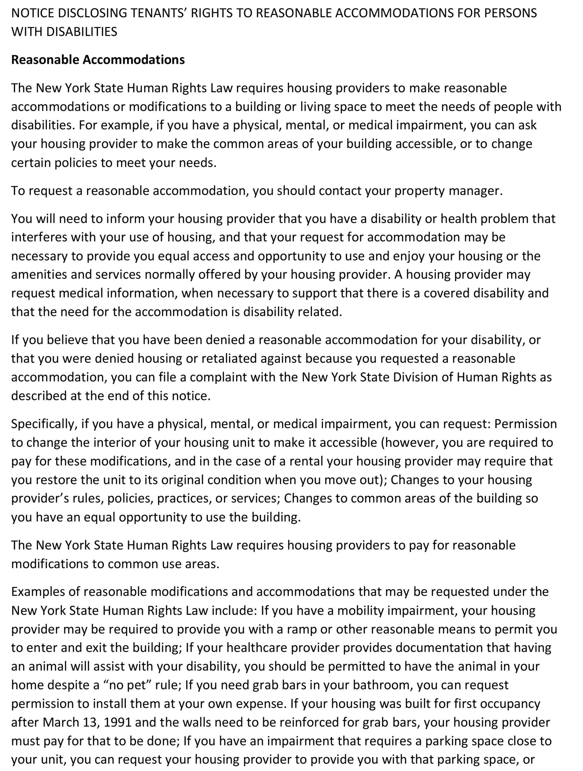 NOTICE DISCLOSING TENANTS’ RIGHTS TO REASONABLE ACCOMMODATIONS FOR ...